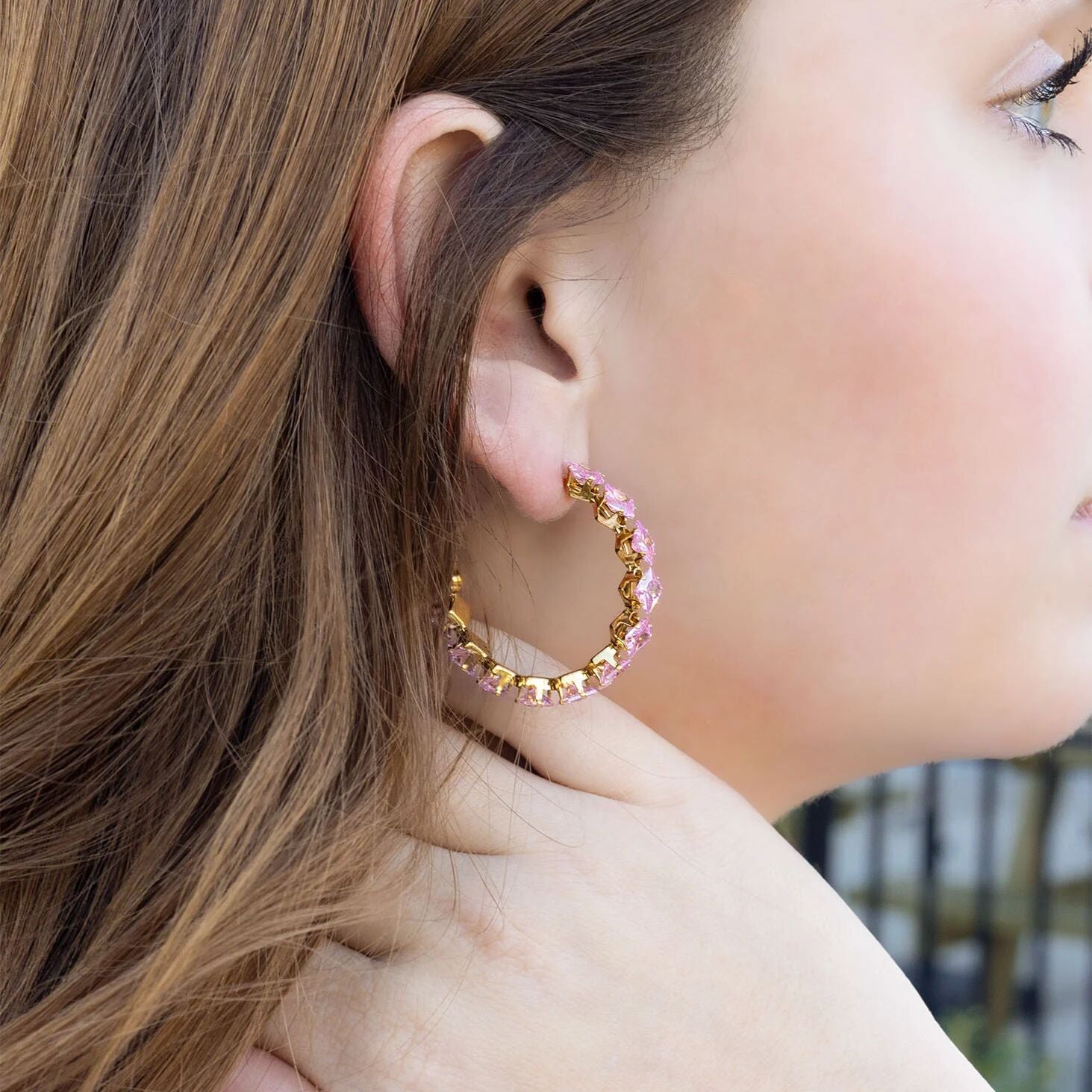 18K Gold PVD Stainless Steel Pink Stone Hoop Earrings / ERJ0124