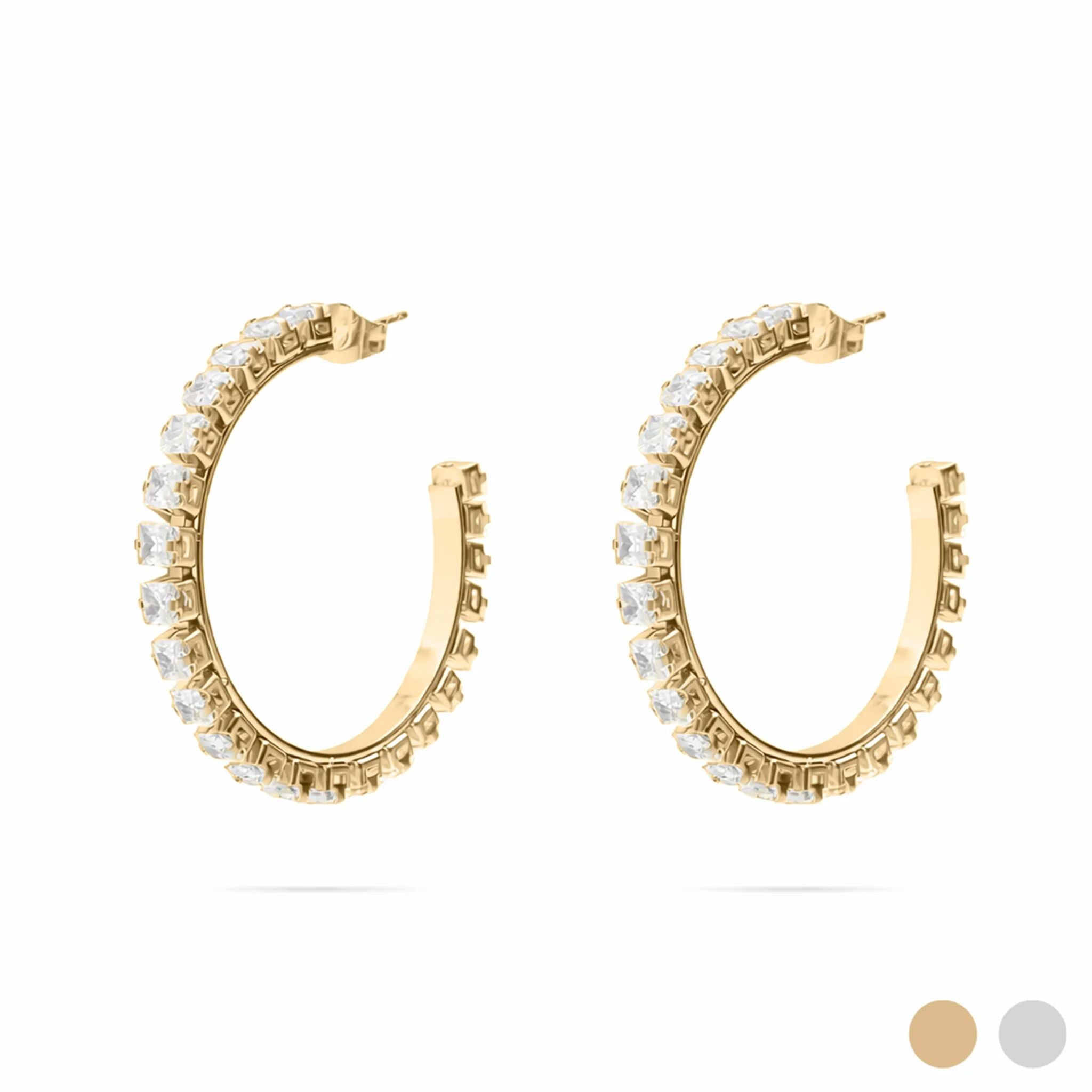 Gold hoop earrings with clear stones on a white background