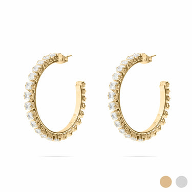 Gold hoop earrings with clear stones on a white background