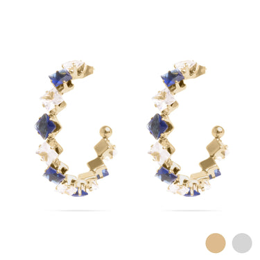 Gold and blue earrings on a white background