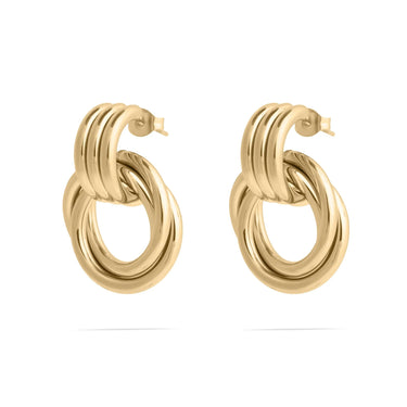 Pair of gold hoop earrings on a white background