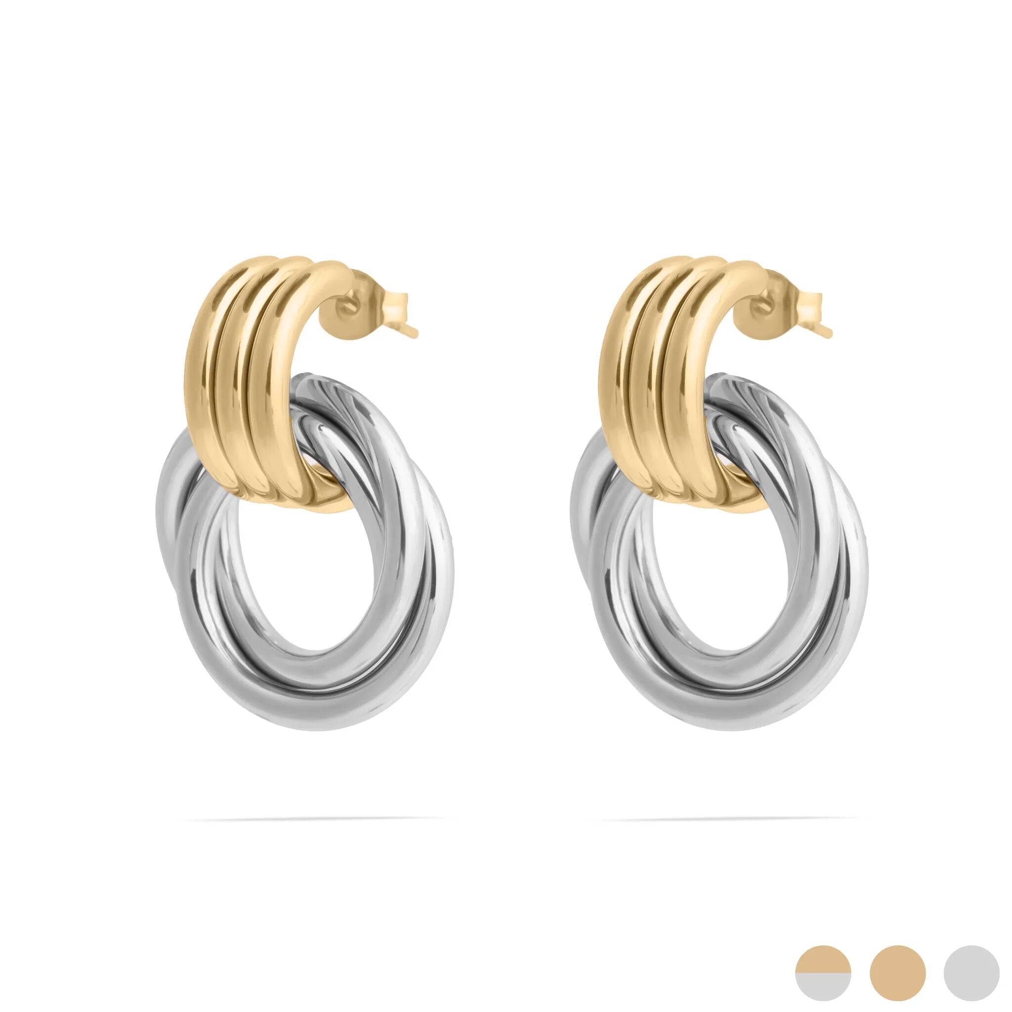 Pair of hoop earrings with gold and silver finish on a white background