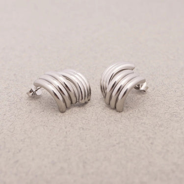 Pair of silver earrings on a light beige background