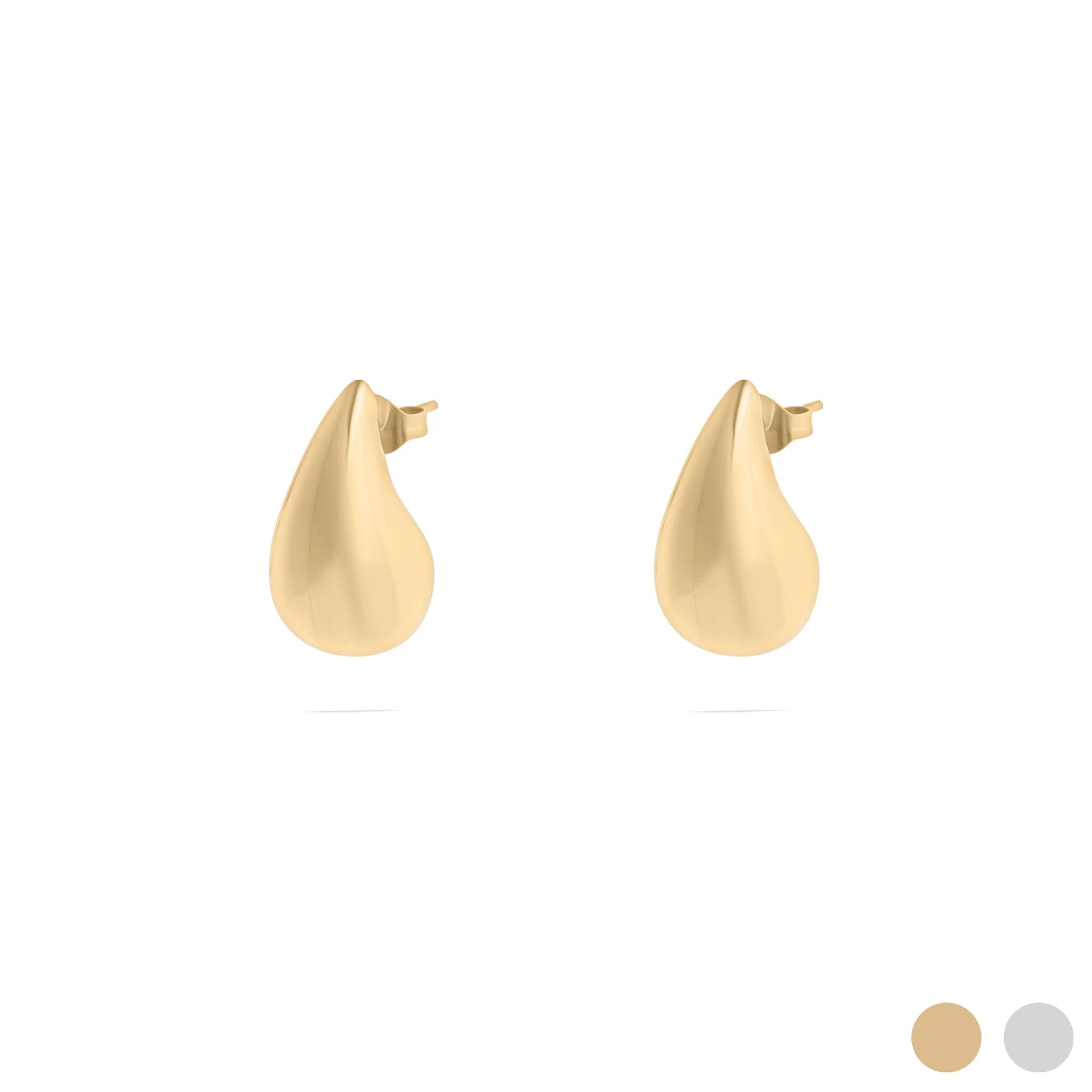 Gold teardrop-shaped earrings on a white background