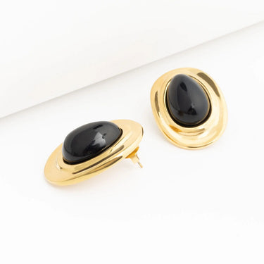 Gold Black Enamel Stud Earrings on a white background