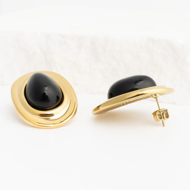 Gold Black Enamel Stud Earrings on a white background
