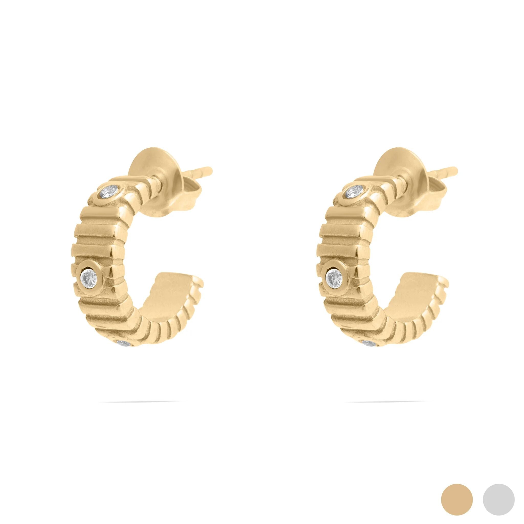 Gold hoop Fluted Huggie with Stones Earrings with small diamonds on a white background