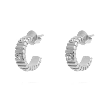 Silver hoop Fluted Huggie with Stones Earrings with a ribbed design on a white background