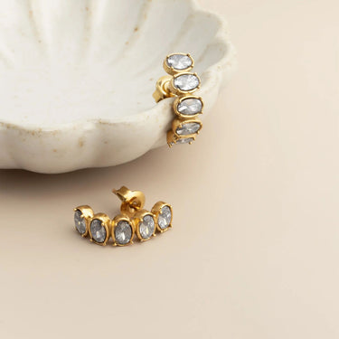 Gold Oval Stone Huggie Earrings