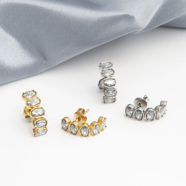Gold and Silver Oval Stone Huggie Earrings