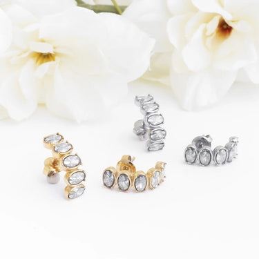 Gold and Silver Oval Stone Huggie Earrings