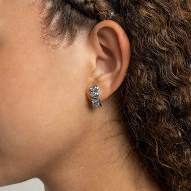 Silver Oval Stone Huggie Earrings