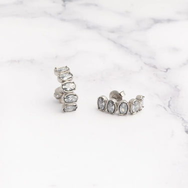 Silver Oval Stone Huggie Earrings