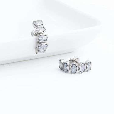 Silver Oval Stone Huggie Earrings