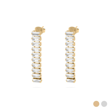 Gold hoop earrings with clear gemstones on a white background