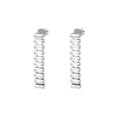 Pair of silver spiral earrings on a white background
