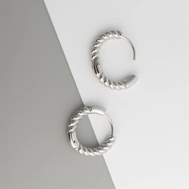 Pair of silver hoop earrings on a gray and white background
