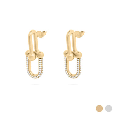 Gold hoop earrings with small diamonds on a white background