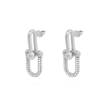 18K Gold PVD Stainless Steel U-Lock Chain Earrings with CZ Stones- silver main