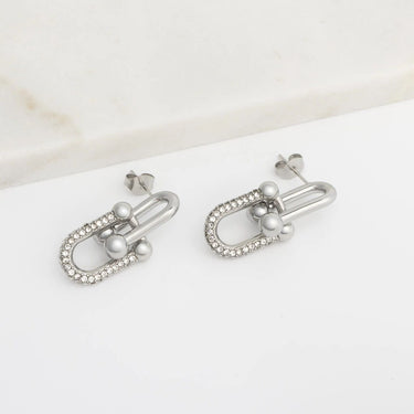 18K Gold PVD Stainless Steel U-Lock Chain Earrings with CZ Stones- silver studio 