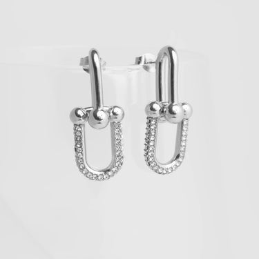 18K Gold PVD Stainless Steel U-Lock Chain Earrings with CZ Stones- silver studio