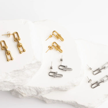 18K Gold PVD Stainless Steel Thick U-lock Chain Earrings- gold and silver studio- collection shot 