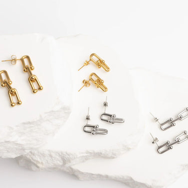 18K Gold PVD Stainless Steel Thin U-lock Chain Earrings- silver an gold studio- collection shot 