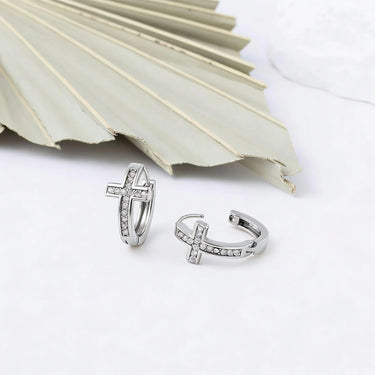 18K Gold PVD Stainless Steel Stone Cross Huggies Earrings - silver studio 