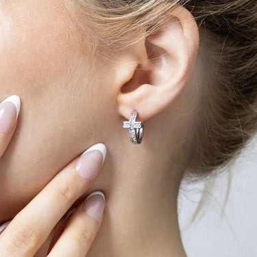 Silver Stone Cross Huggies Earrings