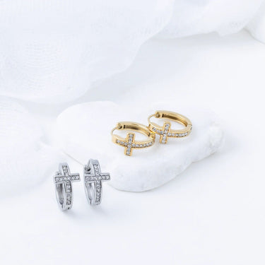 Gold and Silver Stone Cross Huggies Earrings
