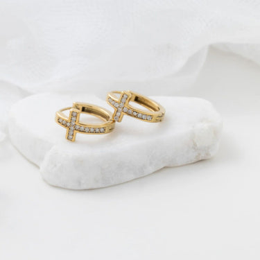 Gold Stone Cross Huggies Earrings