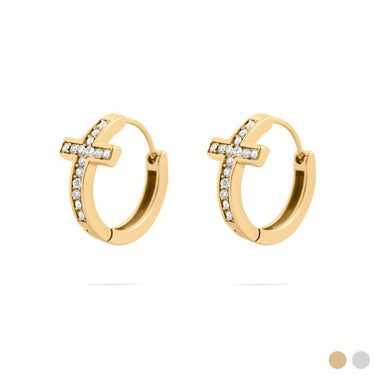 Gold Stone Cross Huggies Earrings