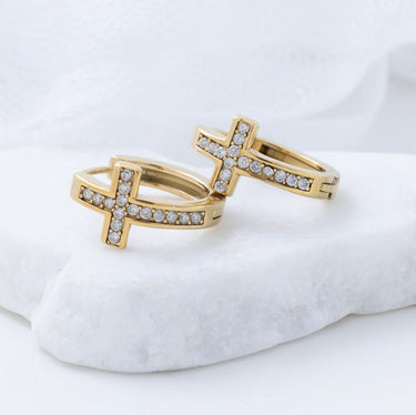 18K Gold PVD Stainless Steel Stone Cross Huggies Earrings - gold studio 