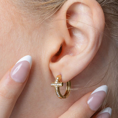 Gold Stone Cross Huggies Earrings