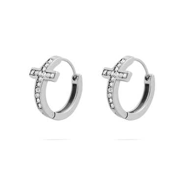 Silver Stone Cross Huggies Earrings