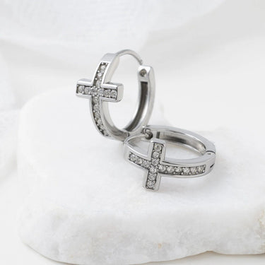 Silver Stone Cross Huggies Earrings