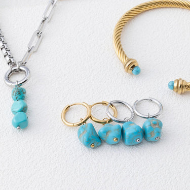 Gold and Silver Turquoise Stone Huggie Earrings 