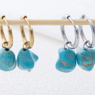 Gold and Silver Turquoise Stone Huggie Earrings