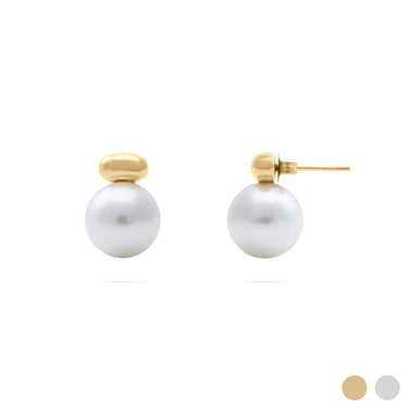 18K Gold PVD Stainless Steel 12mm glass Pearl Stud Earrings- gold main 