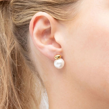 18K Gold PVD Stainless Steel 12mm glass Pearl Stud Earrings= gold model 
