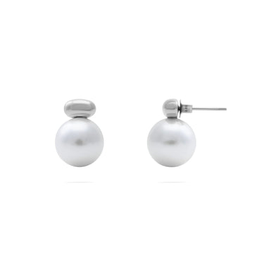 18K Gold PVD Stainless Steel 12mm glass Pearl Stud Earrings- silver main 