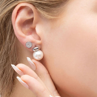 18K Gold PVD Stainless Steel 12mm glass Pearl Stud Earrings- silver model 