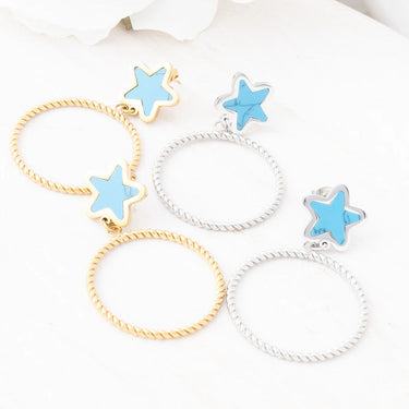 Wholesale jewelry 18K Gold PVD Stainless Steel Turquoise Star Hoop Earrings- stainless and gold studio 