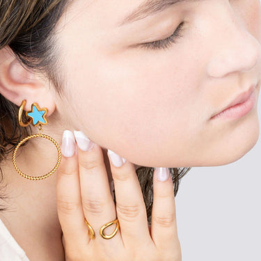 Wholesale jewelry 18K Gold PVD Stainless Steel Turquoise Star Hoop Earrings- gold model