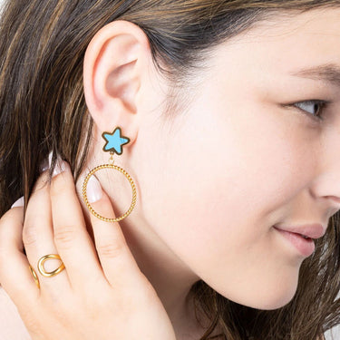 Wholesale jewelry 18K Gold PVD Stainless Steel Turquoise Star Hoop Earrings- gold model 