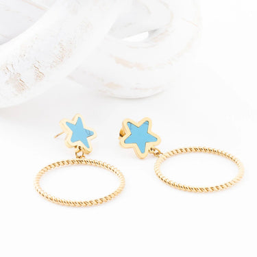 Wholesale jewelry 18K Gold PVD Stainless Steel Turquoise Star Hoop Earrings- gold studio 