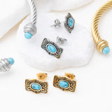 18K Gold PVD Stainless Steel Turquoise Stone Buckle Stud Earrings- Turquoise collection shot 
