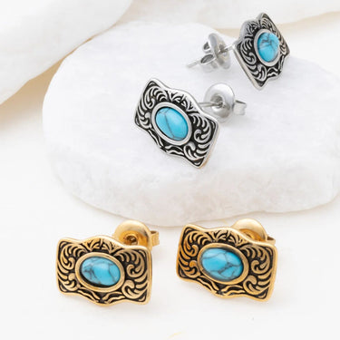 18K Gold PVD Stainless Steel Turquoise Stone Buckle Stud Earrings- gold and silver studio 