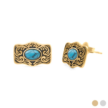 18K Gold PVD Stainless Steel Turquoise Stone Buckle Stud Earrings- gold main 