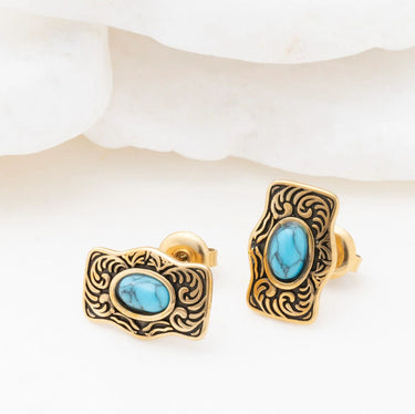 18K Gold PVD Stainless Steel Turquoise Stone Buckle Stud Earrings- gold studio 